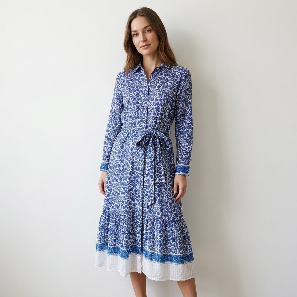 Kobi Halperin Floral Cotton Midi Shirt Dress Womens Small Blue White Cottagecore